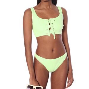 GANNI Net Sustain Lace-Up Ribbed Bikini in Patina Green